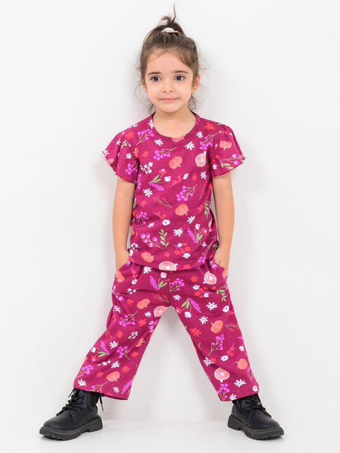 Frill Sleeves Spring Fizz Cotton Trouser Set (Rosy Magenta)
